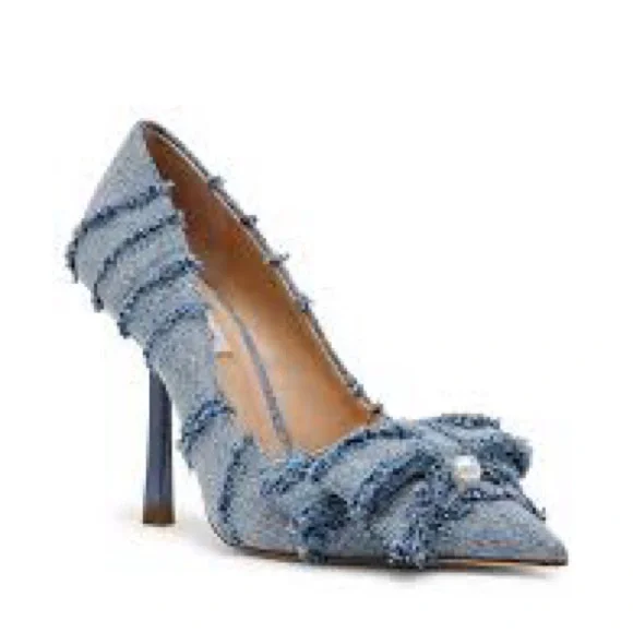 Steve Madden Denim Frayed Heels with Pearl Accent - Picture 4 of 4